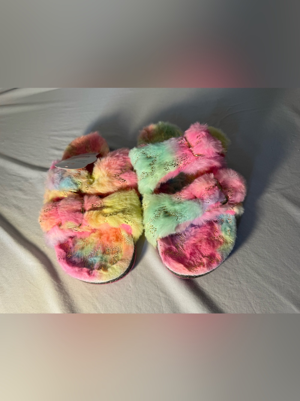 wonder nation Plush Tie-Dye Fuzzy Slide Slippers - Pink, Yellow, Blue, Green